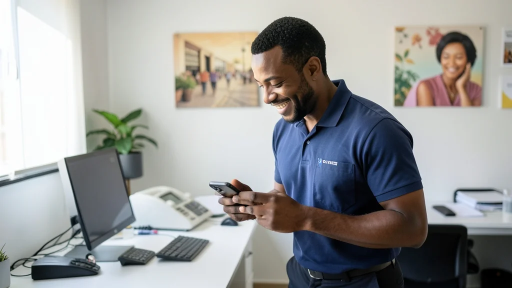 Cliente negro satisfeito avaliando positivamente um serviço no smartphone