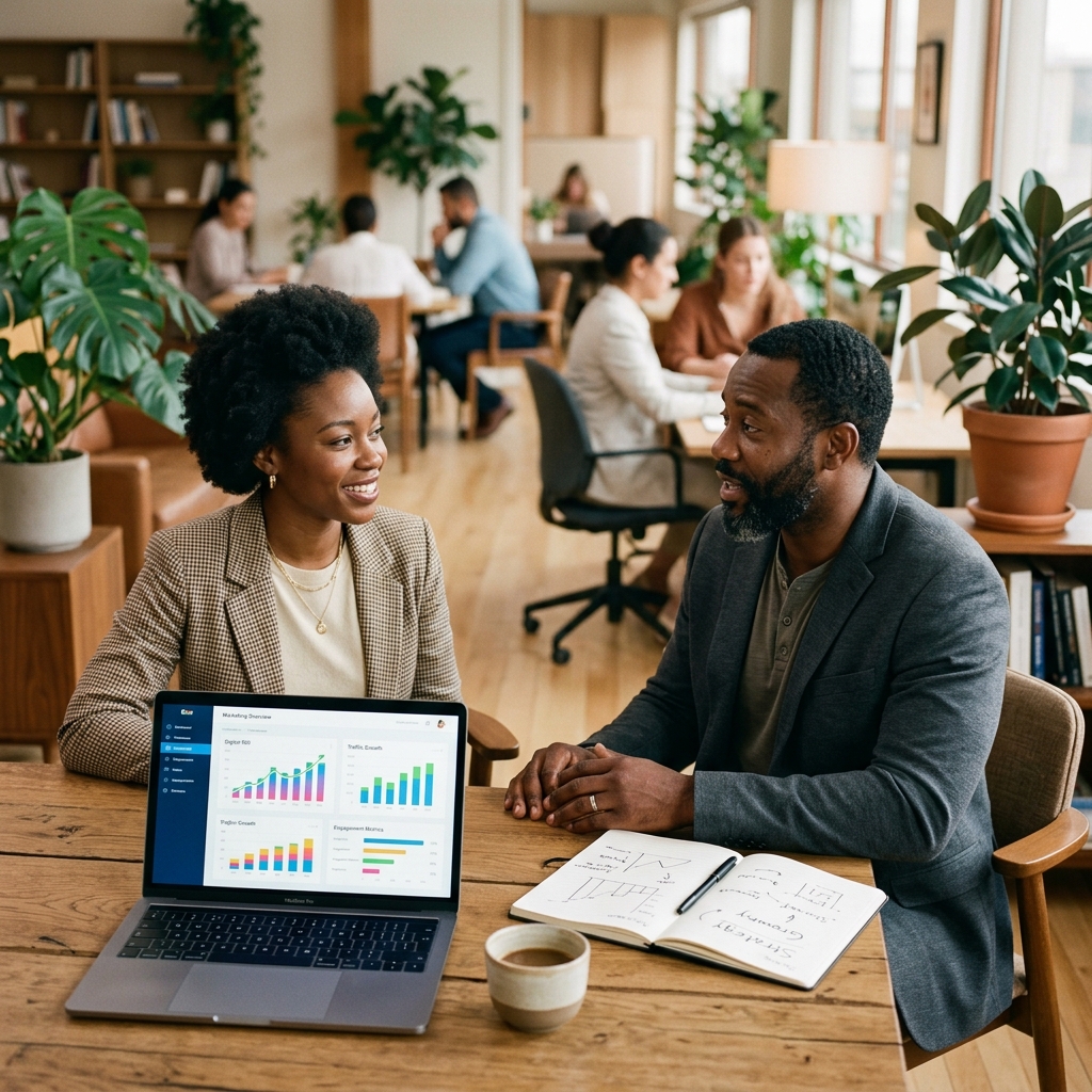 Consultora e empresário negros em reunião estratégica de marketing digital