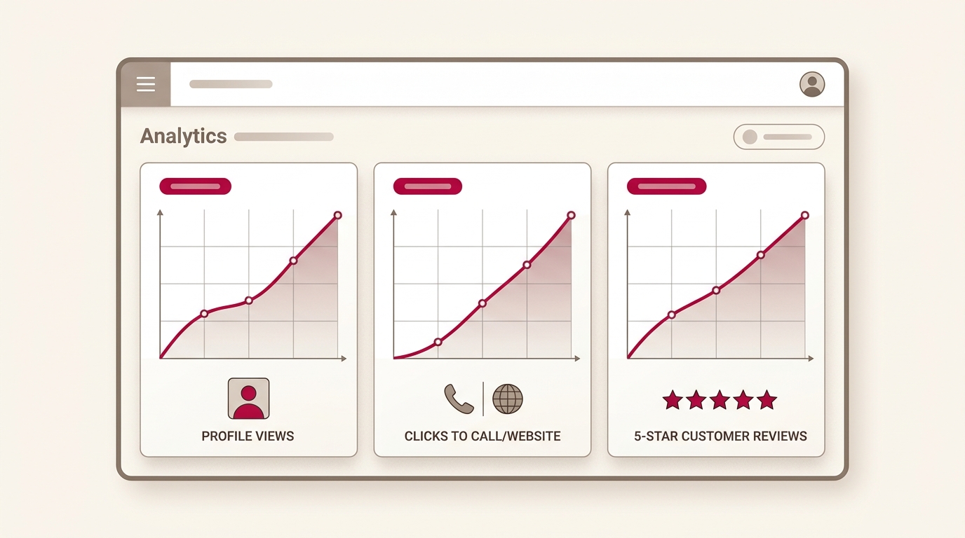 Dashboard de métricas do Google Meu Negócio mostrando visualizações, cliques e rotas solicitadas