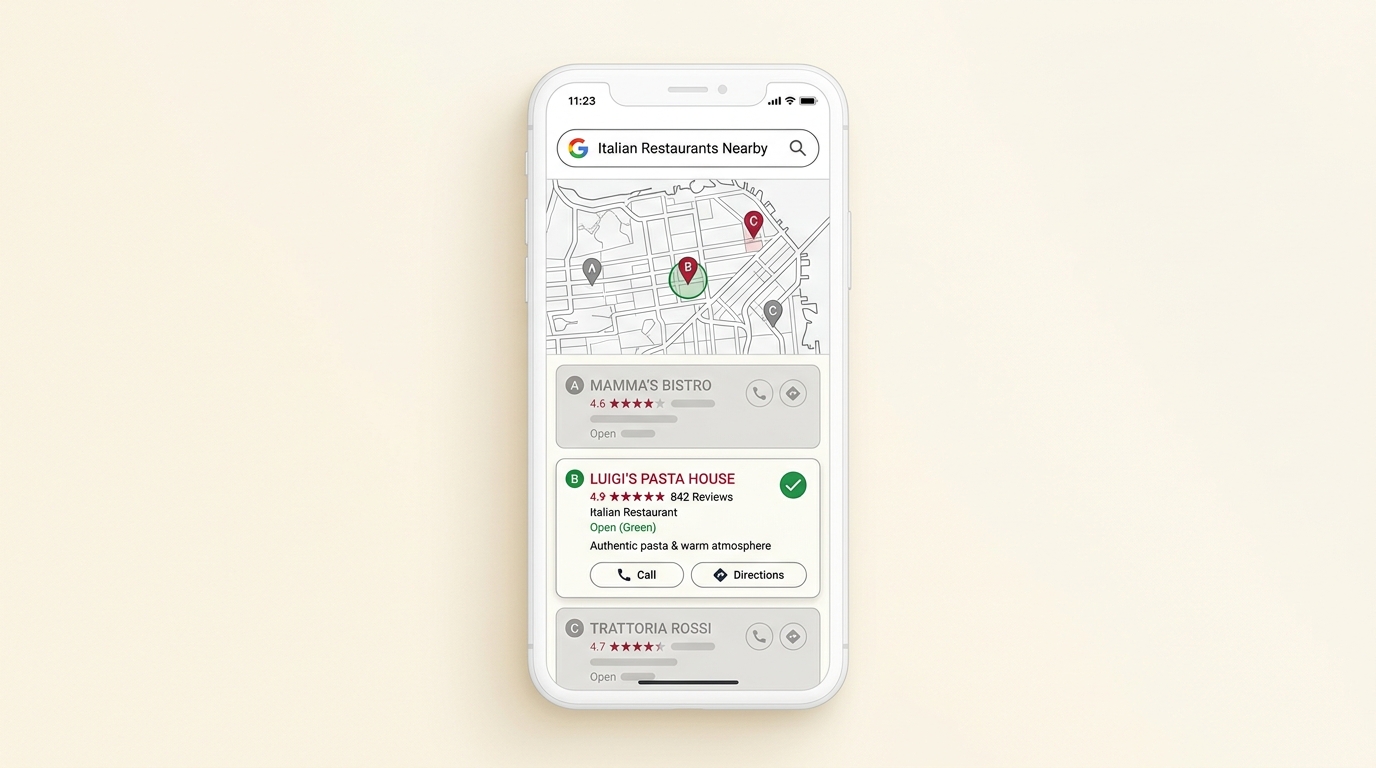 Ilustração do bloco de resultados locais do Google com três negócios em destaque no mapa
